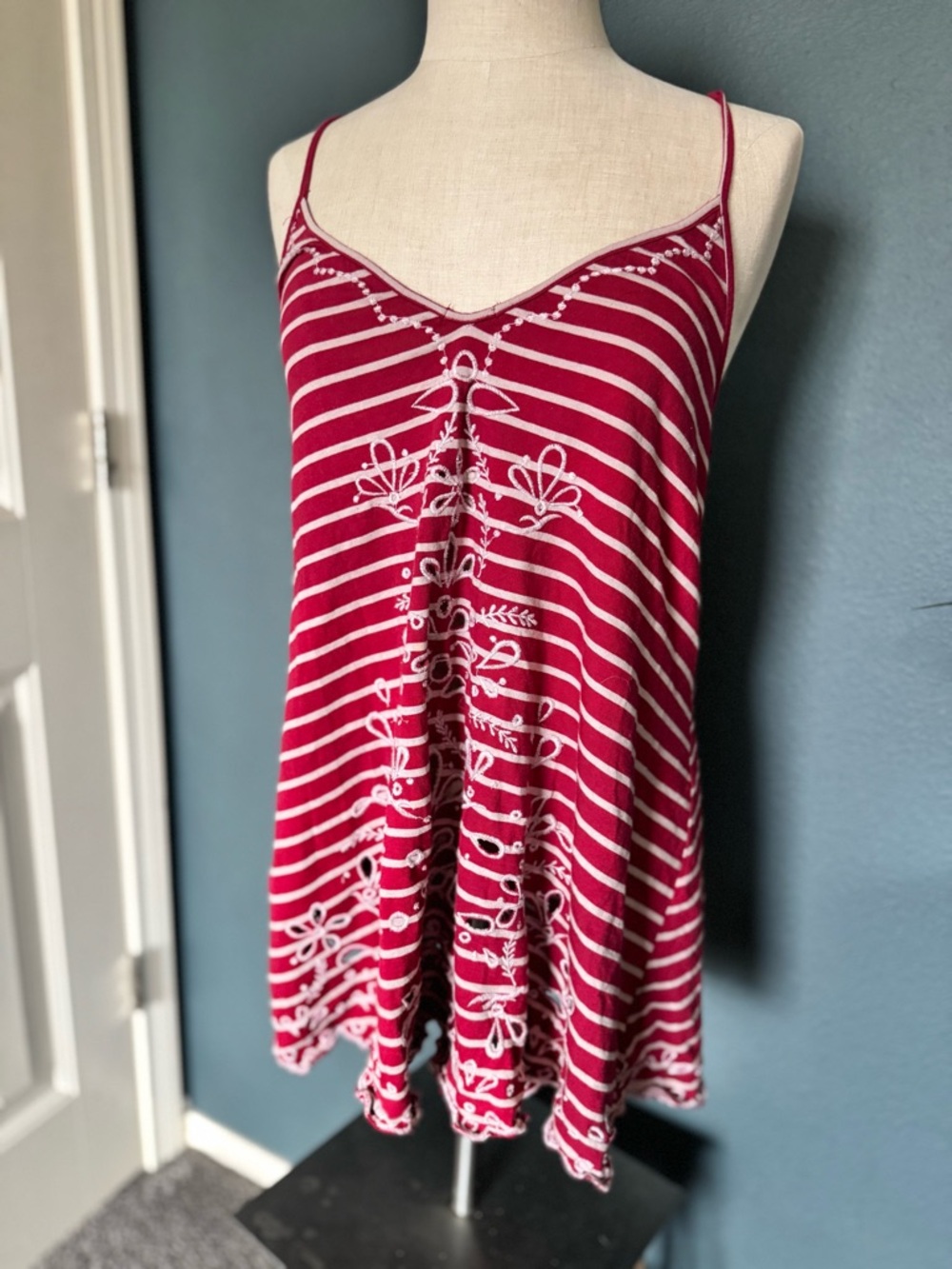 Free People Red and White Striped Embroidered Camisole